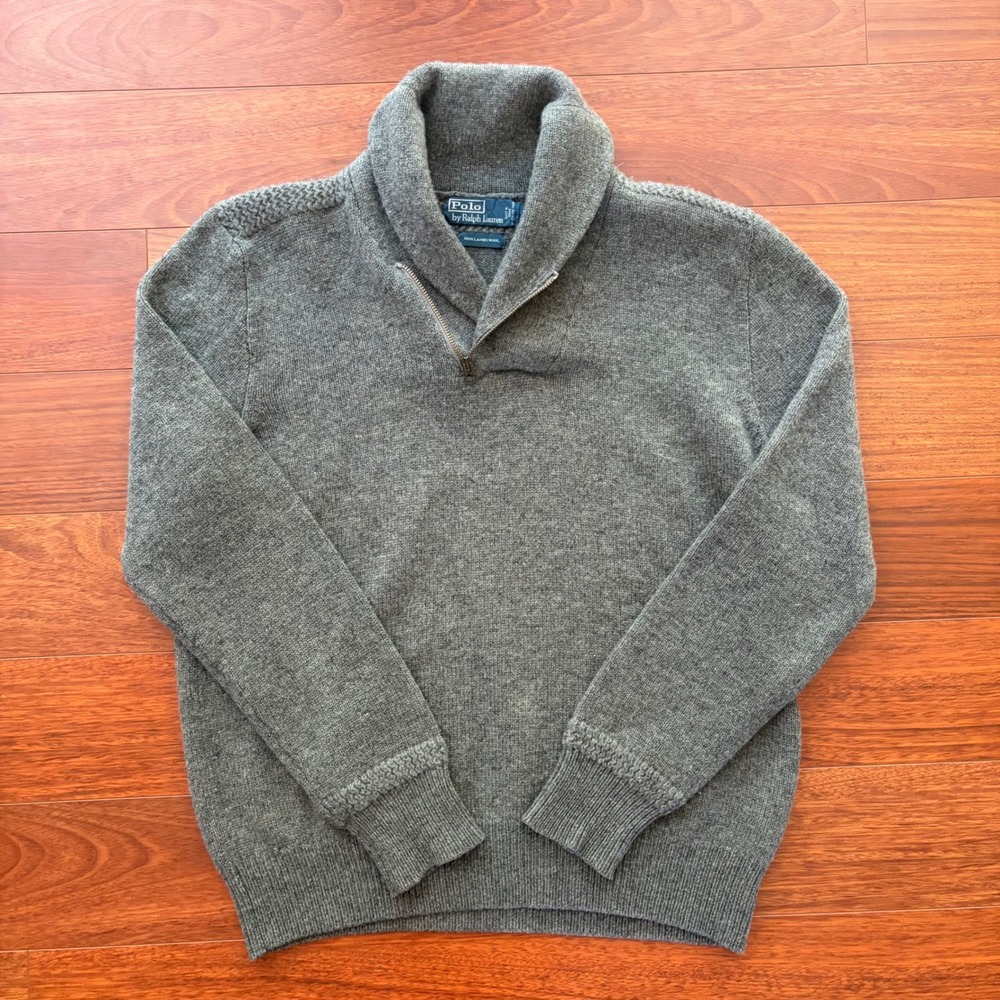 Polo Ralph Lauren Mens Large Gray Lambswool Shawl Collar Quarter Zip Sweater L